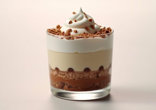 Mousse chocolat blanc et chocolat au lait avec une couche de pralinè